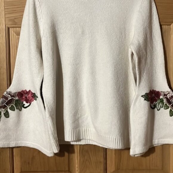 Artisan Crafted Cream Floral Embroidered Bell Sleeve Crewneck Pullover Sweater - Picture 2 of 8